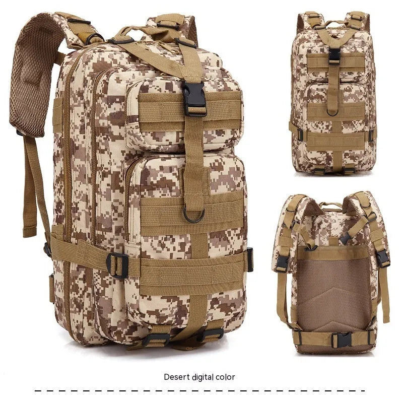 Large khaki coloured off-road hiking backpack with adjustable straps and multiple compartments.