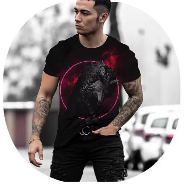 Retro 3D animal graphic printed on a men's grey short-sleeved T-shirt.