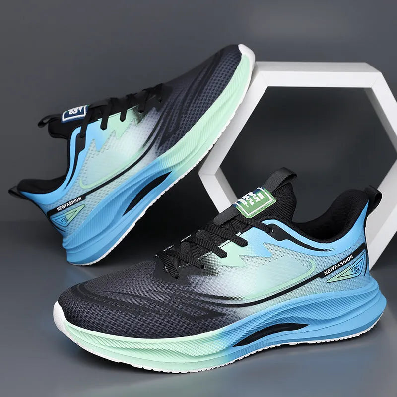 Men's black and blue fly woven mesh casual sneakers with a round toe and low platform sole.