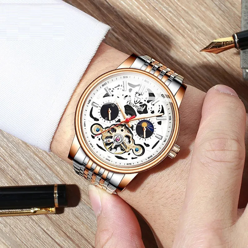 Men's black mechanical wristwatch with tourbillon detail and luminous hands on a leather strap.