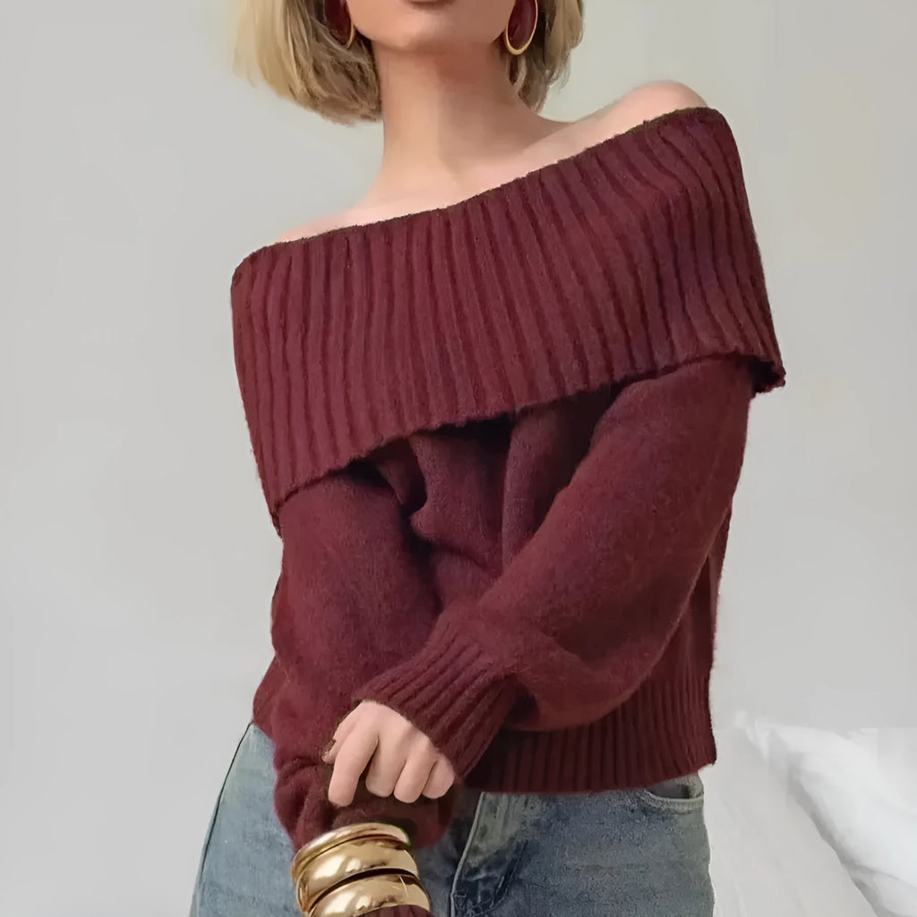 Grey off-the-shoulder sweater with a 3D pattern texture, showing strapless neckline design.