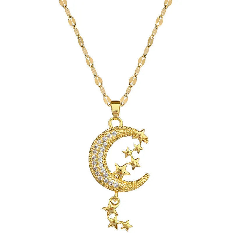 Geometric moon tassel necklace with diamond design in stainless steel and copper