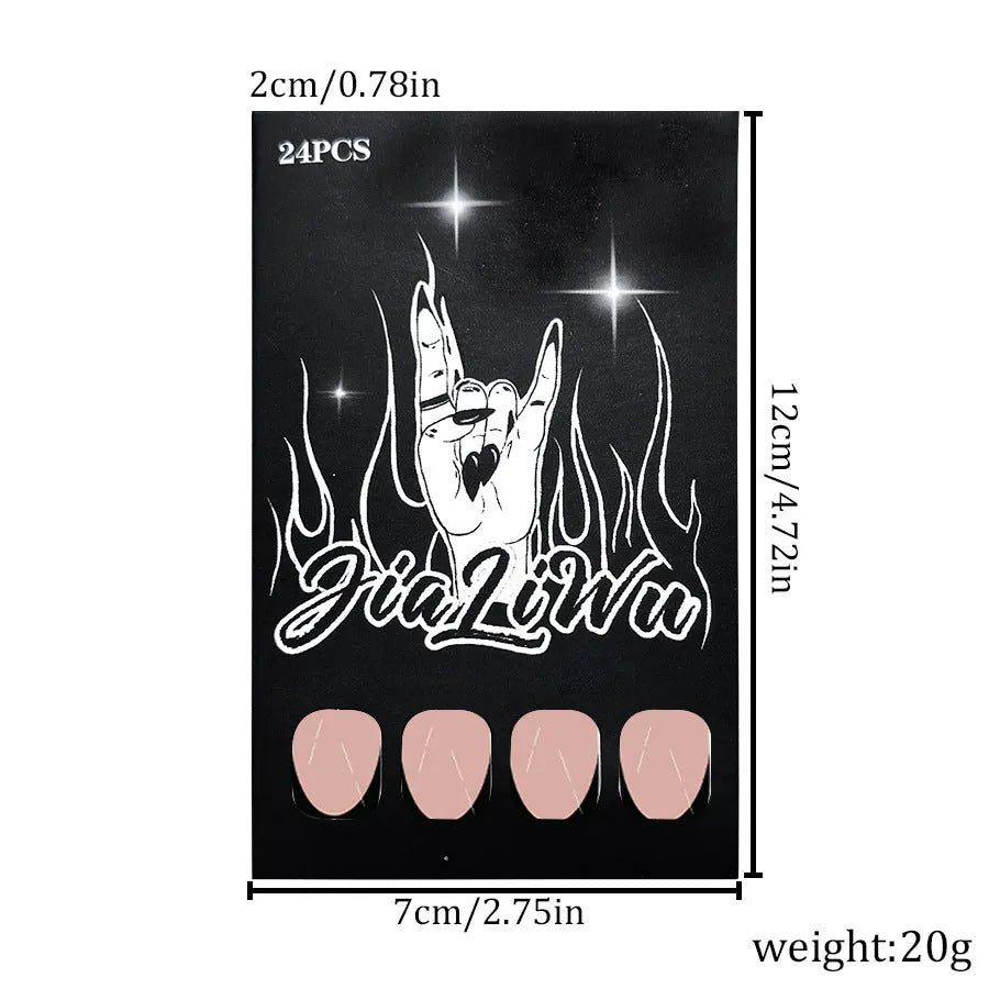 Pack of 24 black French style artificial nails with a short almond shape.