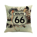 Square linen blend cushion cover with a Route 66 road landscape pattern, shown in one of six available colours.