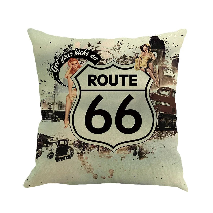 Square linen blend cushion cover with a Route 66 road landscape pattern, shown in one of six available colours.
