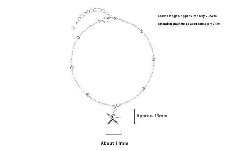 Women's S925 sterling silver anklet with a starfish charm on a round bead chain.