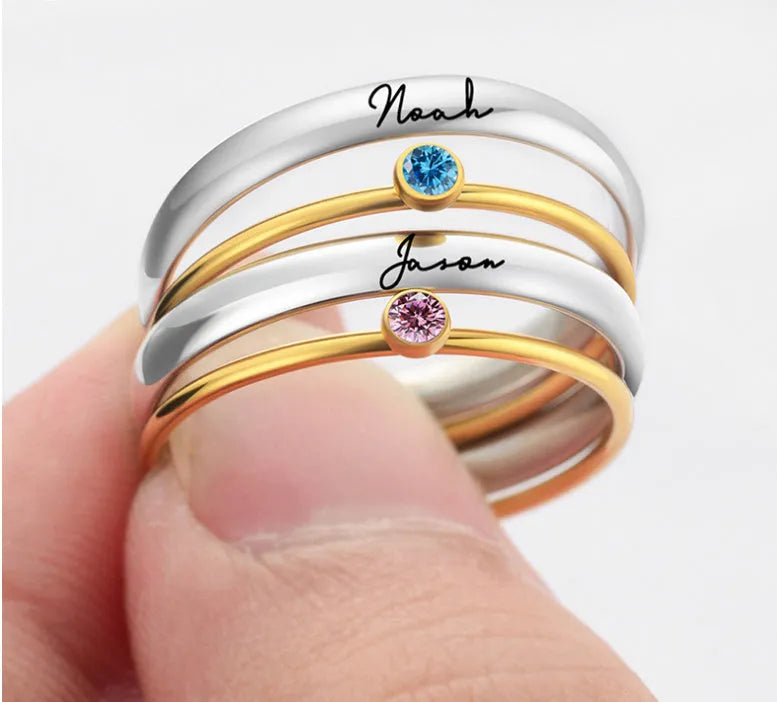 Engraved titanium steel ring with December birthstone design in geometric shape.