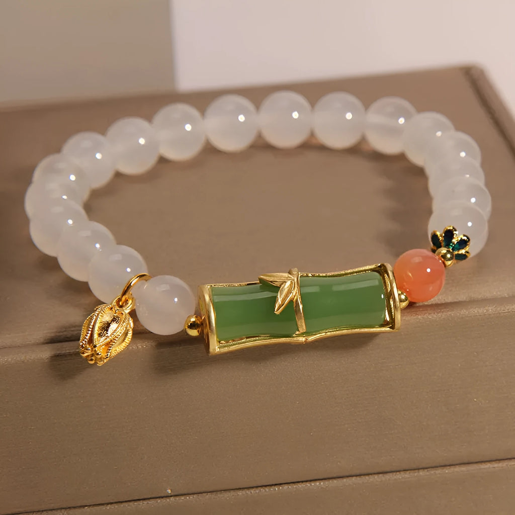 Chinese bamboo beaded bracelet with white agate jasper and jade beads for women
