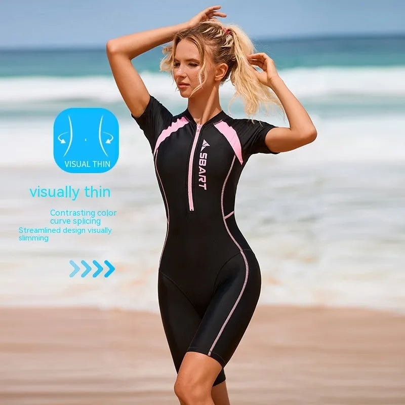 Women's solid colour surfing suit with chest pad in black pink or green blue options