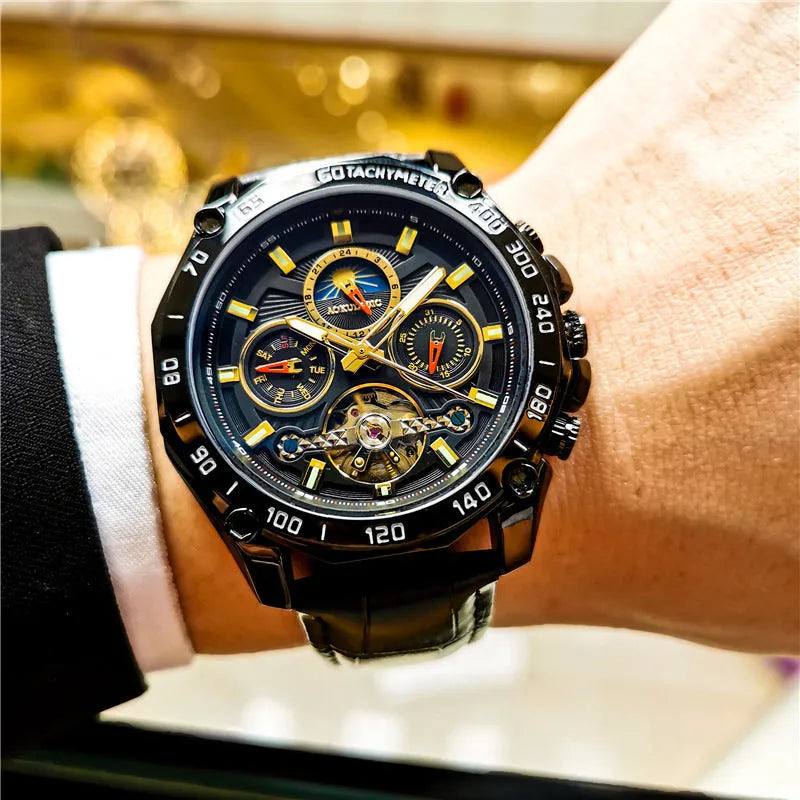Men's automatic mechanical watch with 12mm case in black steel, silver, and gold finish options.