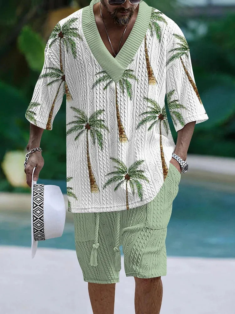 Men's loose-fit casual short sleeve suit and shorts set in a solid colour.