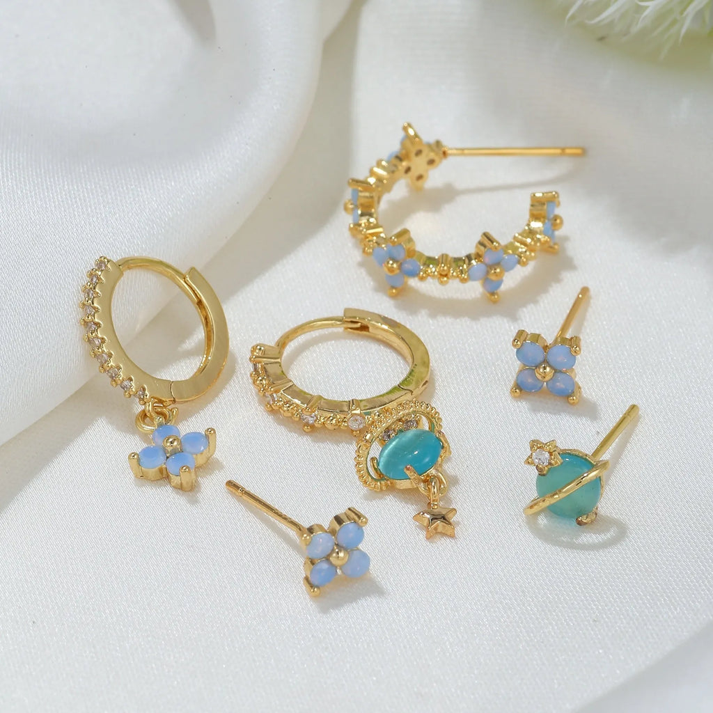 Floral ear studs with zircon accents in gold or silver finish, Japanese Korean style design