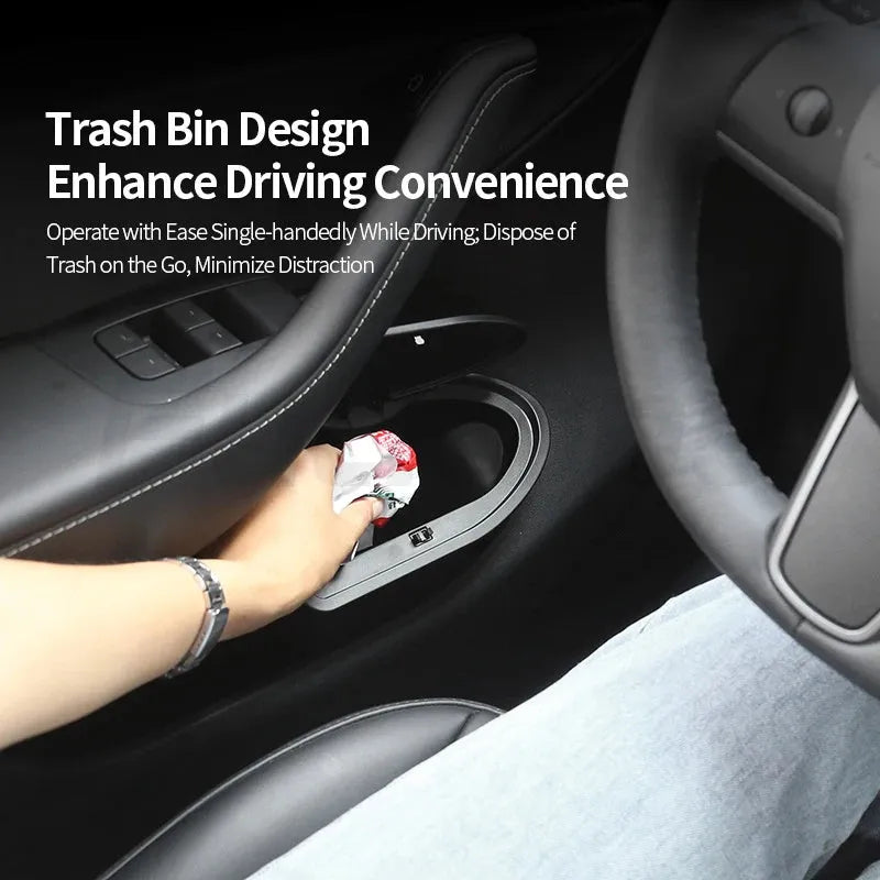 Two black ABS plastic car door trash cans designed for Tesla Model Y front doors.