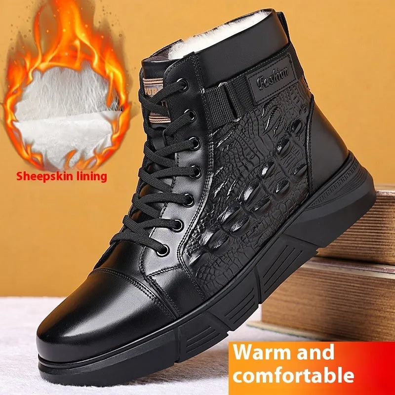 Black genuine leather snow boots with fur lining and lace-up front
