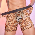 Men's leopard print nylon boxers laid flat, showing free-size design.