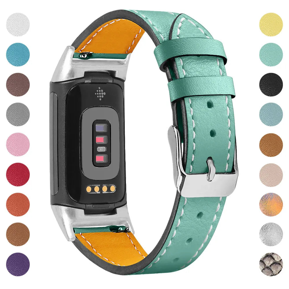 Genuine leather watch strap for Fitbit Charge 5 and Charge 6 fitness trackers on a wrist.