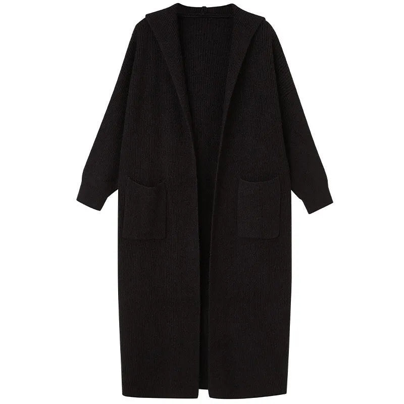 Long grey knitted cardigan with hooded trench coat design and regular long sleeves