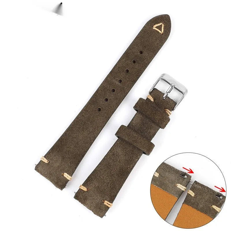 Brown suede genuine leather watch strap with exotic ethnic style design on a 20mm watch lug.