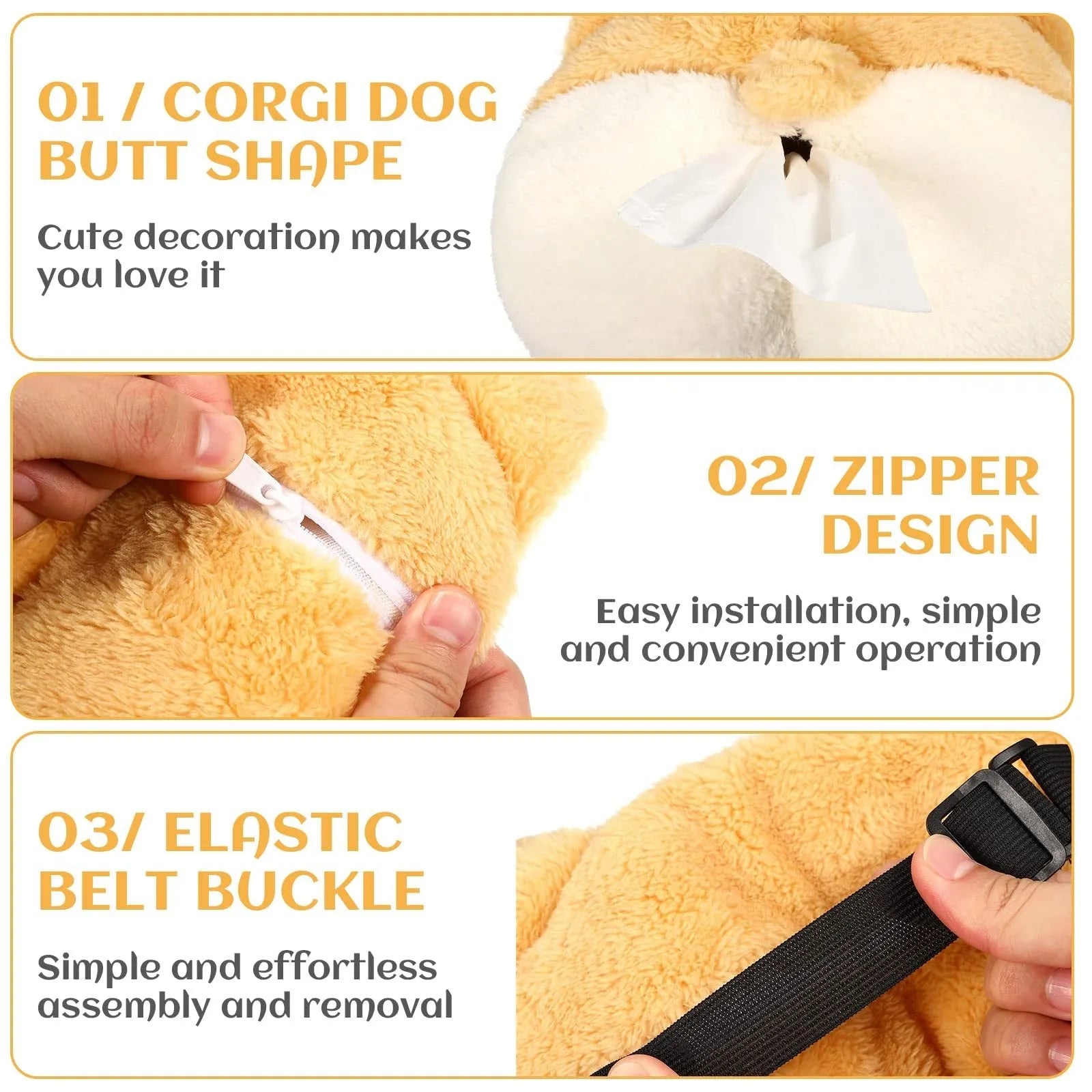 Yellow soft plush corgi butt shaped car tissue holder with elastic hanging straps.