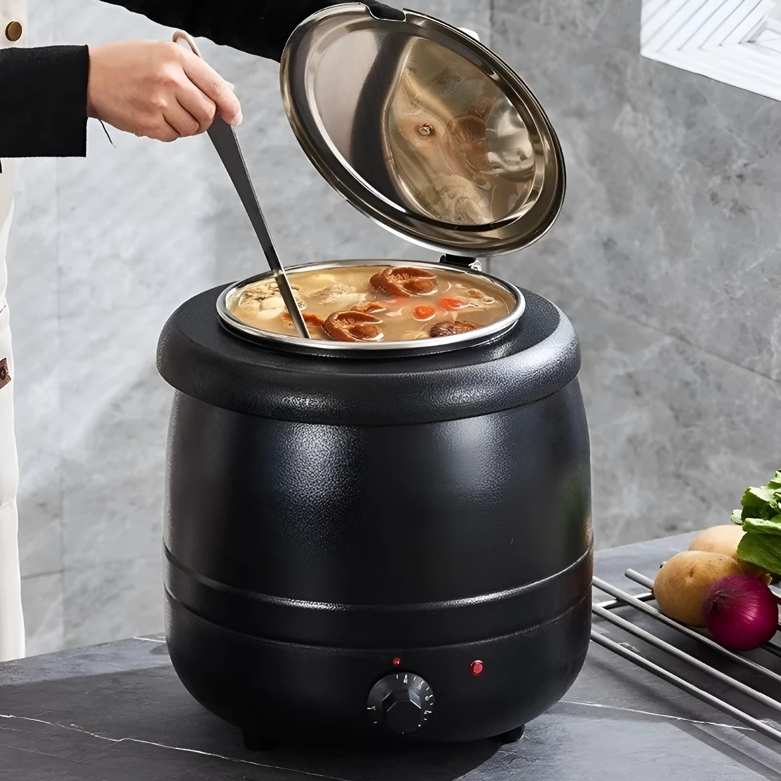 Black stainless steel electric insulation pot with large steel cover, 10 litre capacity for soup or porridge.