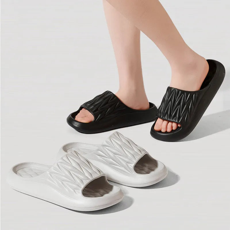 Leaf texture design EVA slippers for indoor use, shown in available colours.