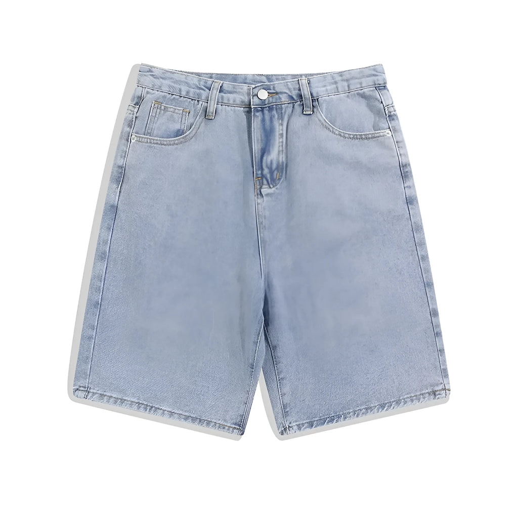 Men's straight-leg denim shorts in light blue colour showing zipper closure and casual cut