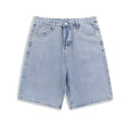Men's straight-leg denim shorts in light blue colour showing zipper closure and casual cut