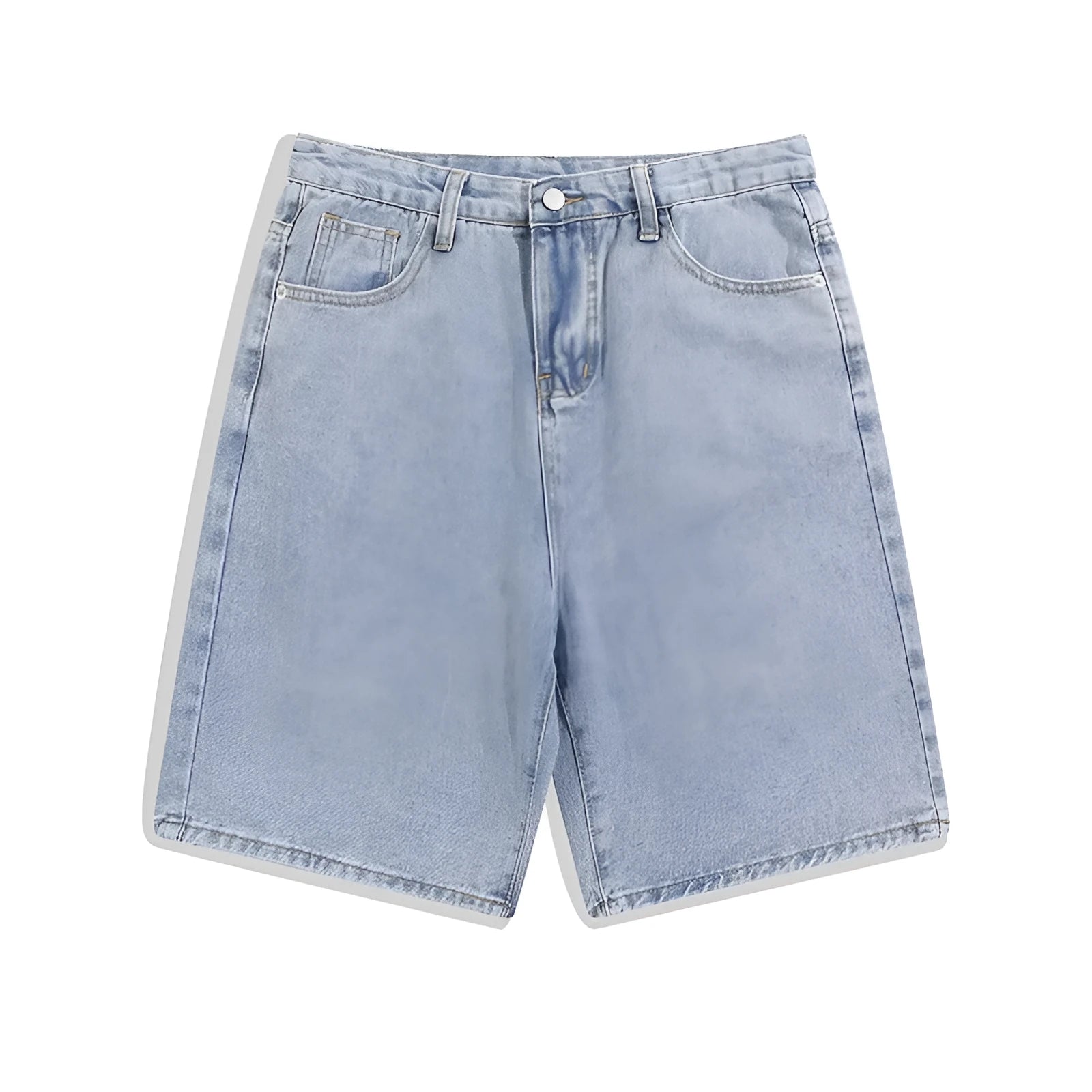 Men's straight-leg denim shorts in light blue colour showing zipper closure and casual cut