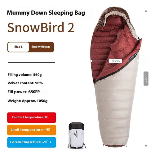 Goose down mummy sleeping bag for adult camping in a stuff sack