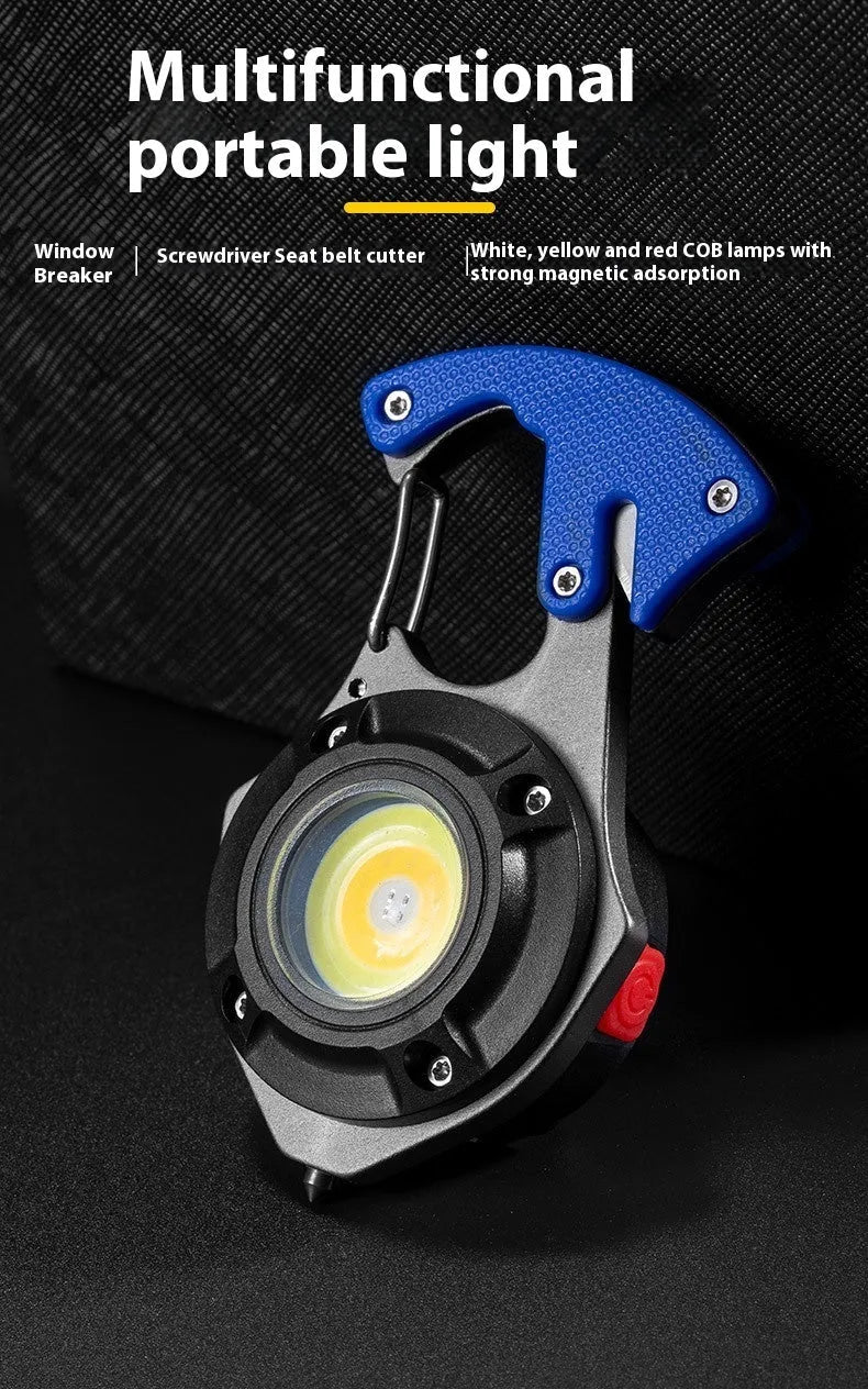 Compact silver and black multifunctional keychain flashlight with keyring, display screen, window breaker, and screwdriver.