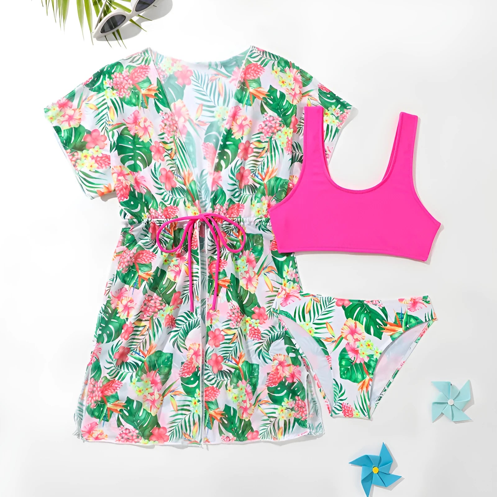 Girls' floral printed two-piece swimsuit with swim top and bikini bottom in high-elasticity polyester
