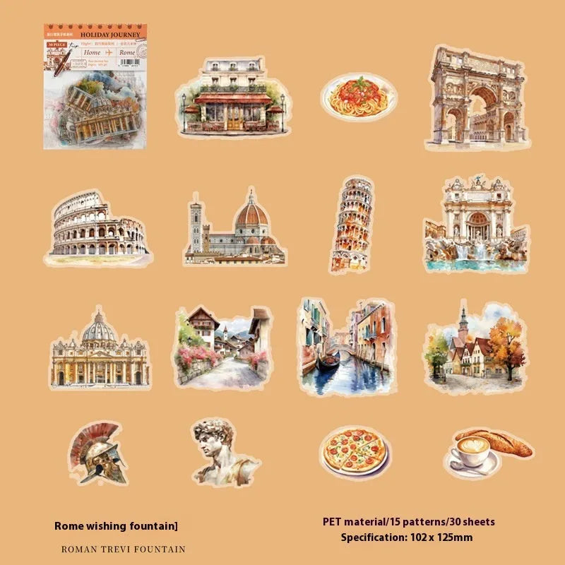 Retro-style printed stickers showing architecture from Paris Arc de Triomphe, London Big Ben, Maldives, Zurich, Rome, and Bangkok.