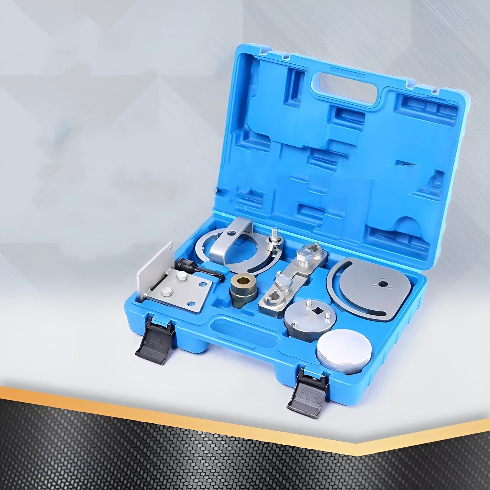 Volvo T6 3.0 3.2 engine timing tool kit with eight carbon steel alignment tools on a workbench.