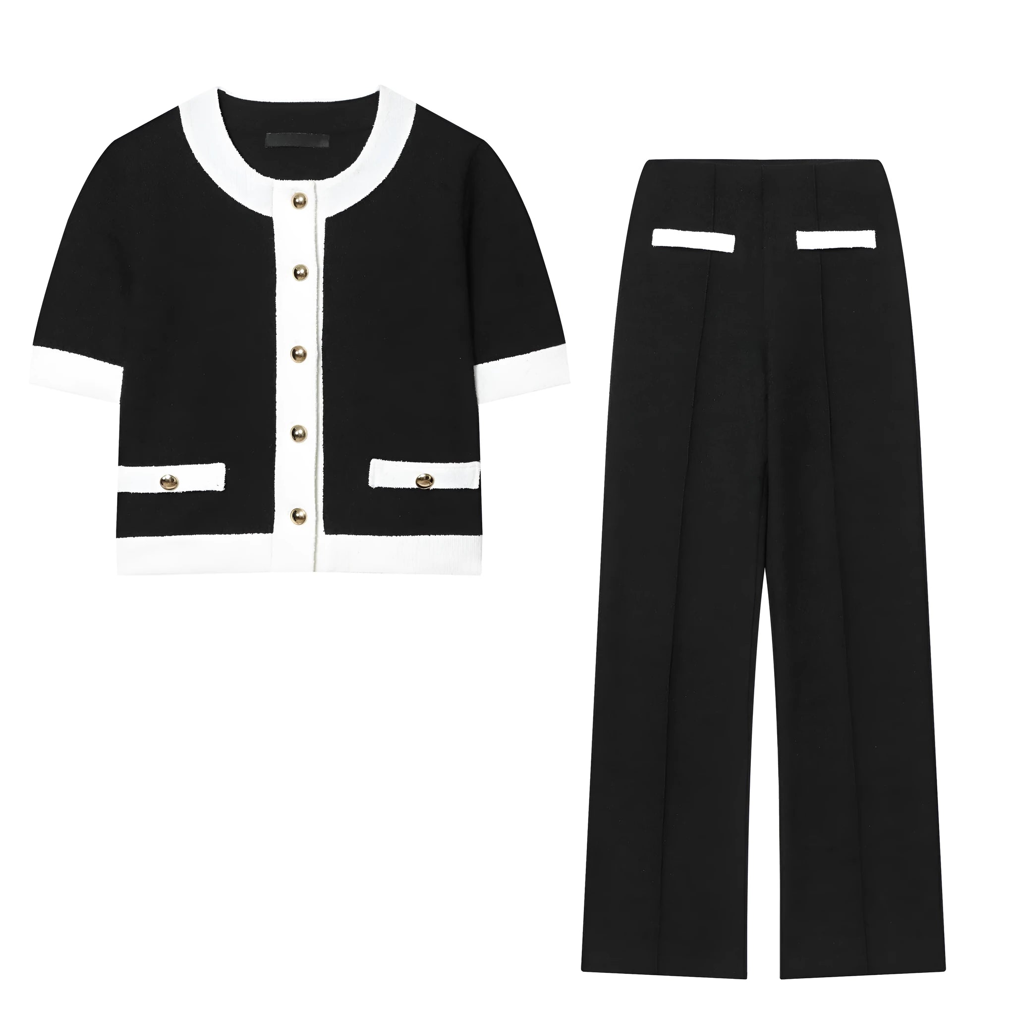 Women's two-piece polyester suit with beaded leather round neck top and stretch high-waisted trousers