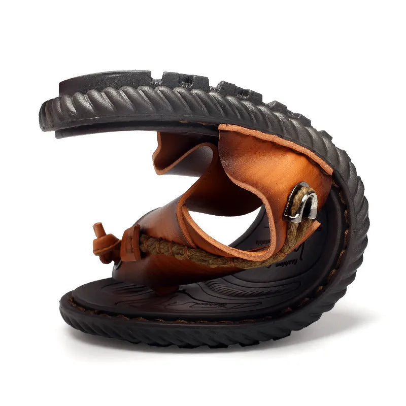 Men's herringbone patterned outdoor slippers in dark blue and khaki colours showing artificial PU upper and rubber sole
