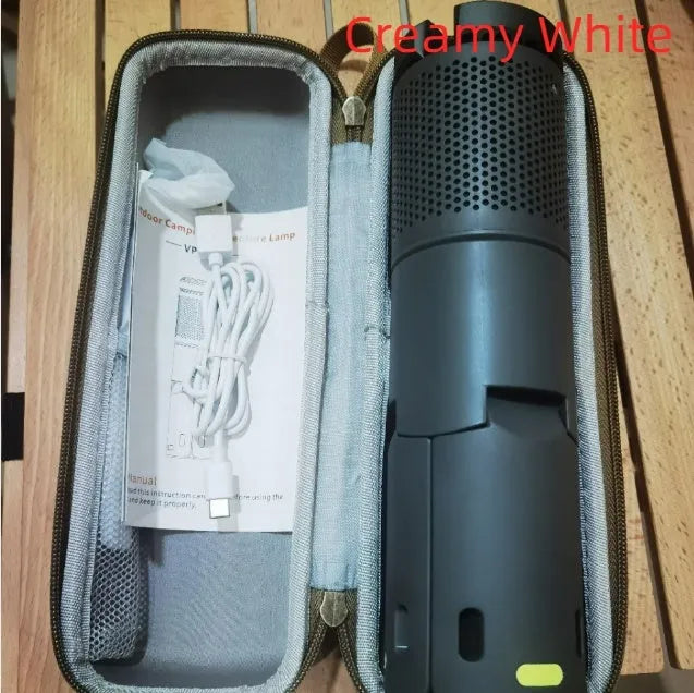 Portable camping LED lantern in off-white and dark grey colours with battery power and button switch