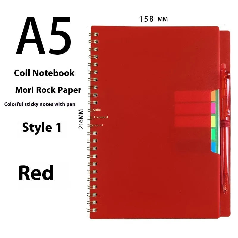 Erasable spiral notebook with stone paper in choice of cover colours, featuring optional pockets or sticky notes