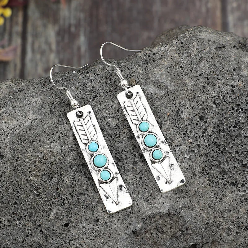 Silver geometric earrings with blue turquoise inlay, retro style zinc alloy women's jewellery