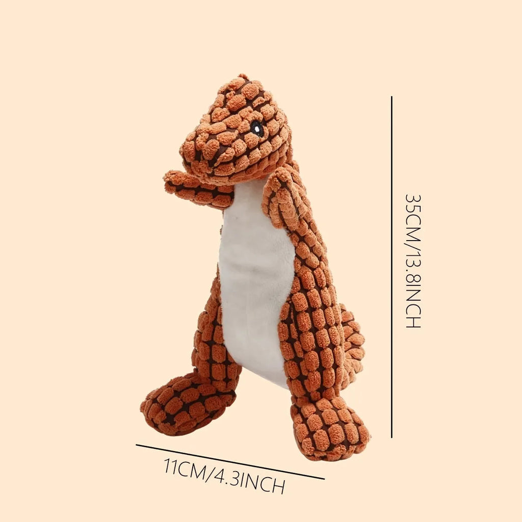 Grey, green, and orange dog sound toy resistant to bites and grinding teeth, measuring 35cm long.