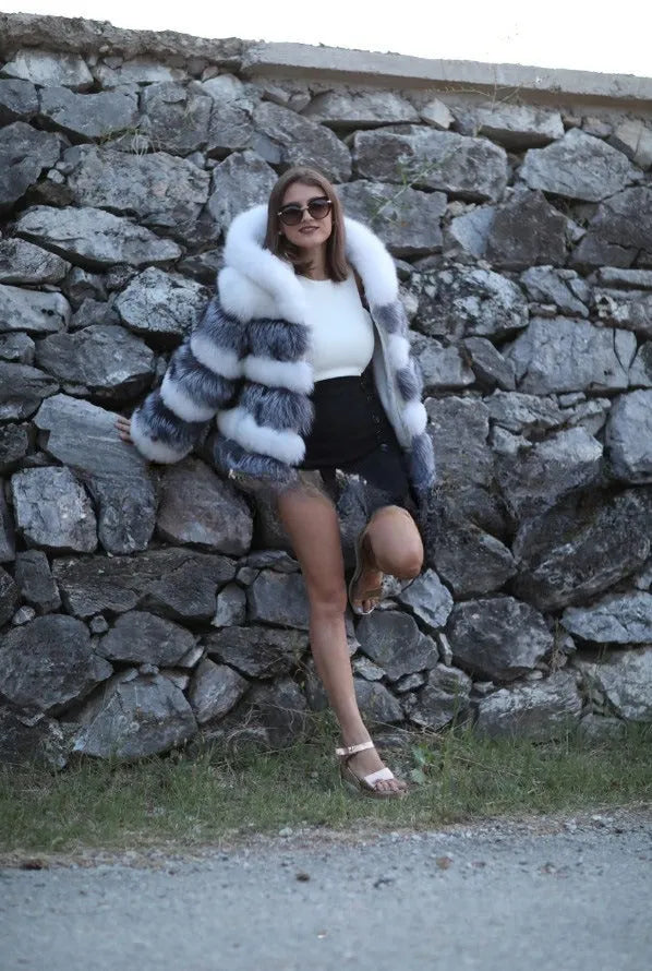 Women's artificial fur hooded coat in street fashion style, shown in brown and white silver fox colour options