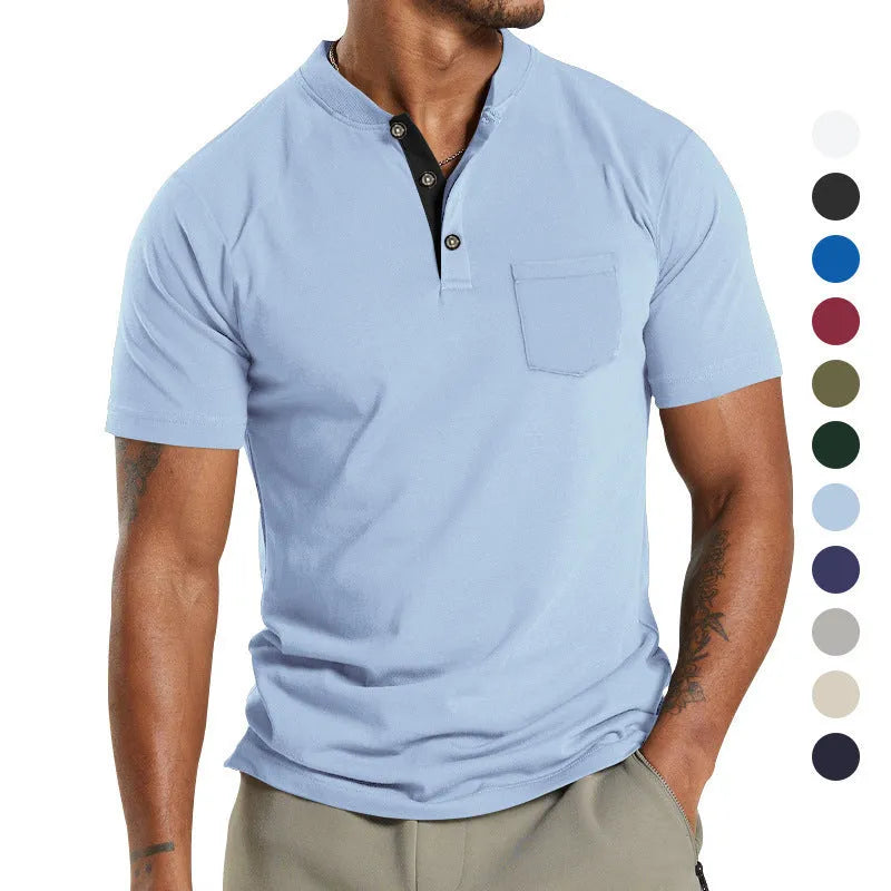 Plus size men's short sleeve button shirt with chest pocket in solid colour polyester fabric