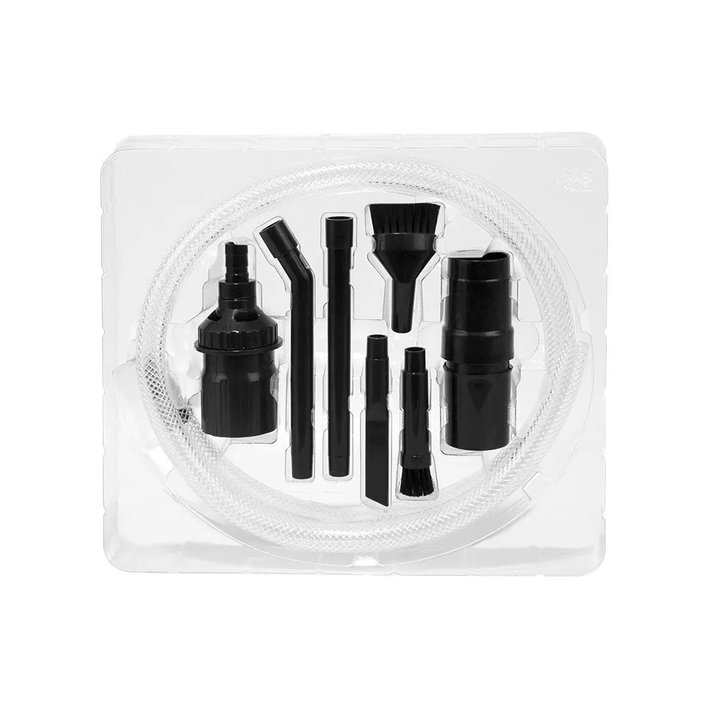 Eight-piece vacuum cleaner accessory tool set with small suction head for compact spaces