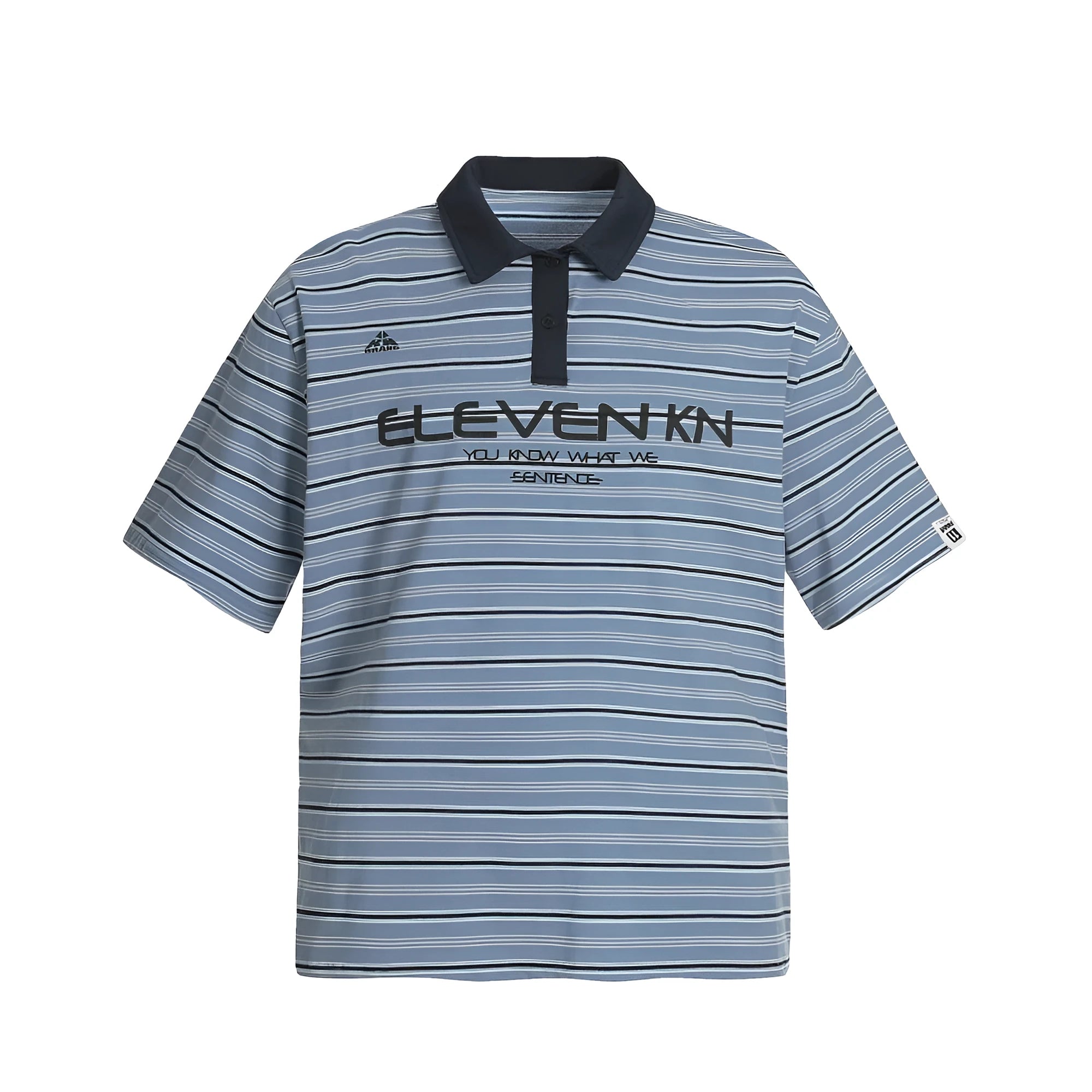 Blue stripe vintage cotton polo shirt with short sleeves and loose fit on hanger