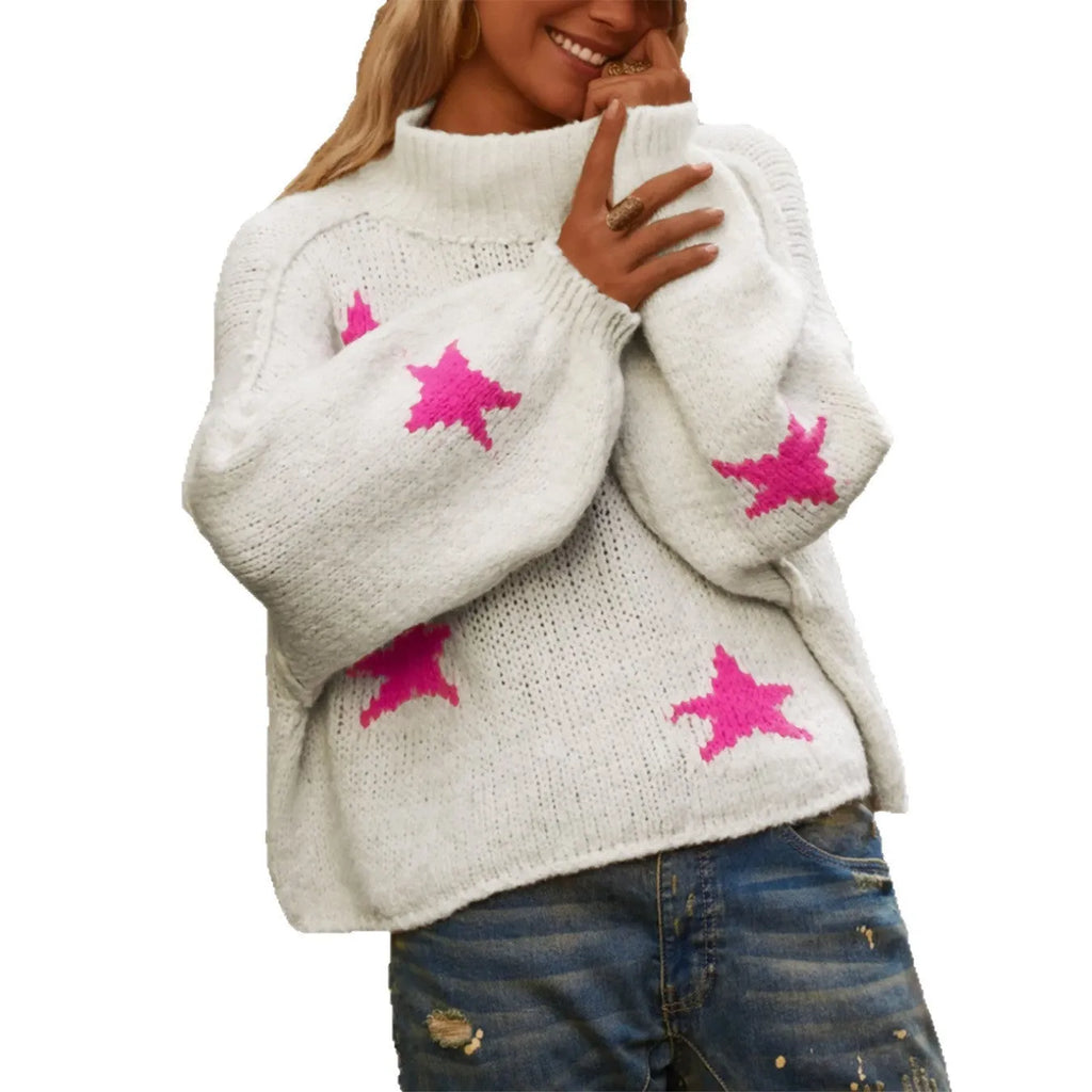 White women's loose turtleneck pullover with a black star pattern on thick imitation velvet fabric
