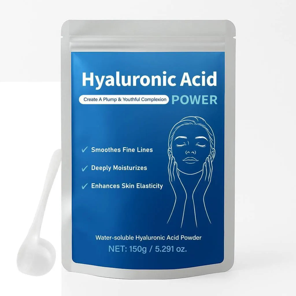 Container of pure hyaluronic acid powder with 150G net content for skin care and supplementation
