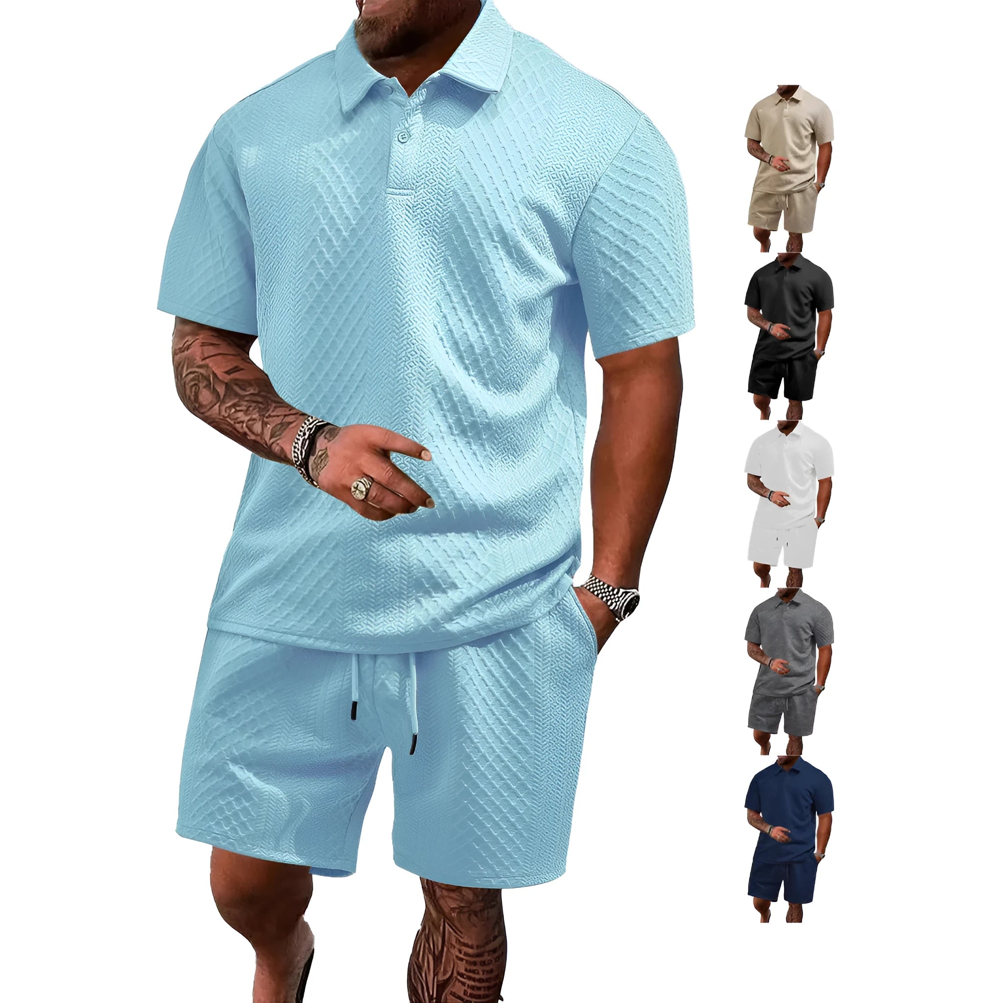 Men's figured cloth casual suit set with short sleeve polo shirt and matching trousers in multiple colour options