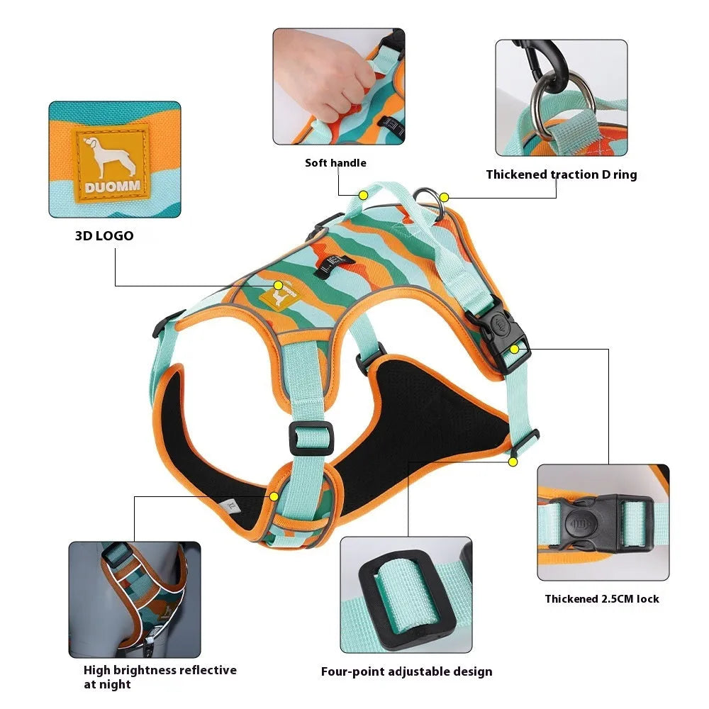 Reflective orange dog chest and back commuter rope with adjustable Oxford cloth straps