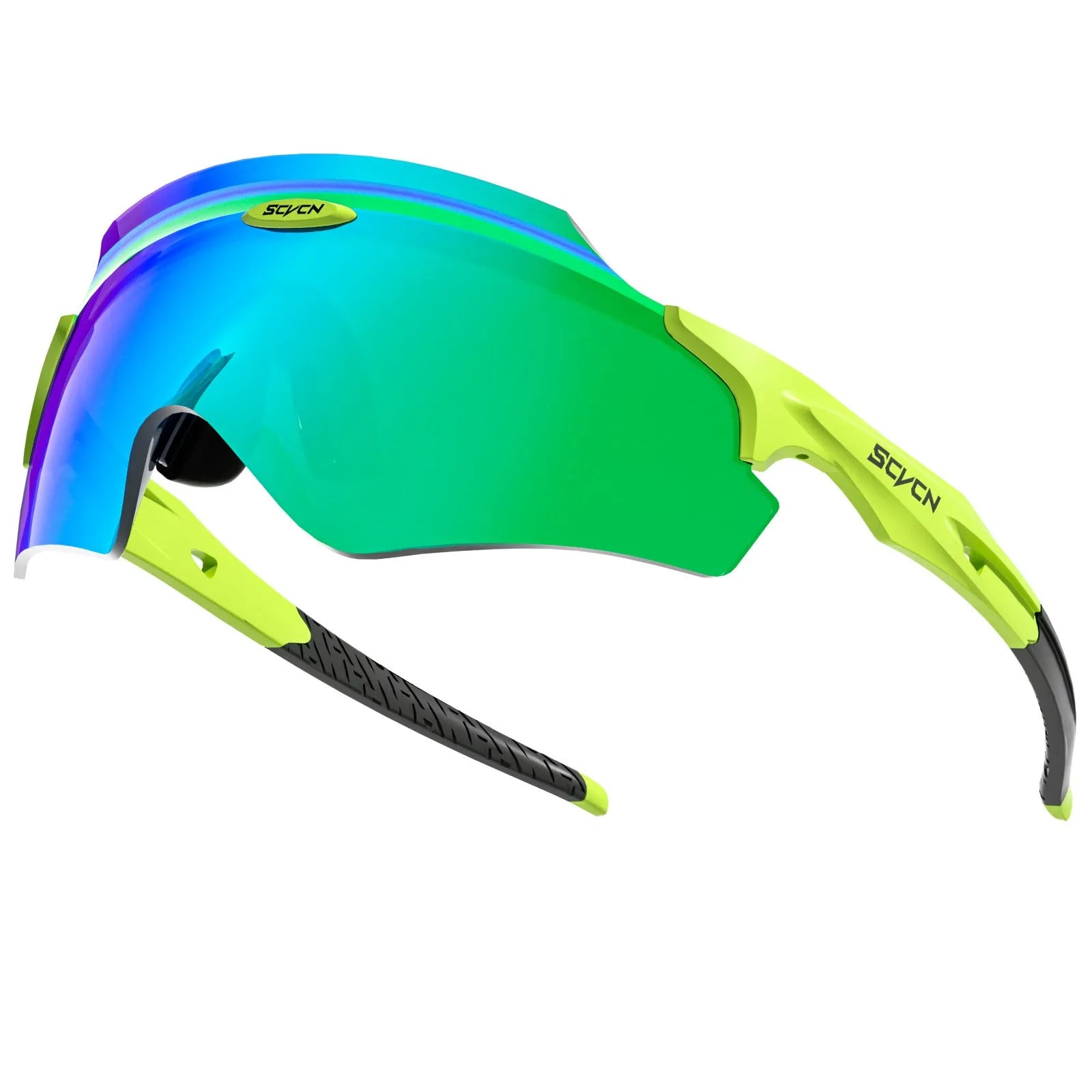 Frameless windproof sports goggles with a colourful integrated lens, shown in multiple style colours.