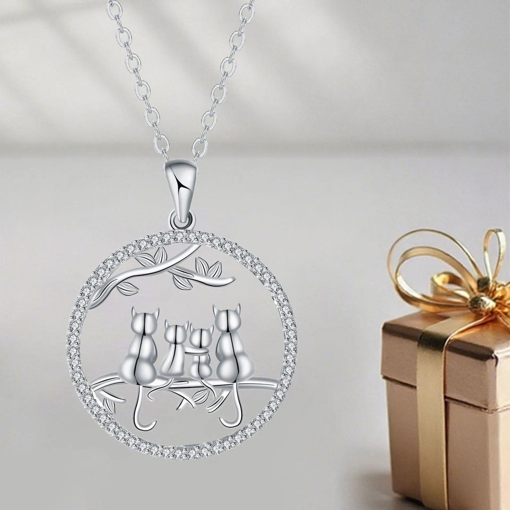Women's necklace with four kitten pendant on copper cross chain, electroplated finish