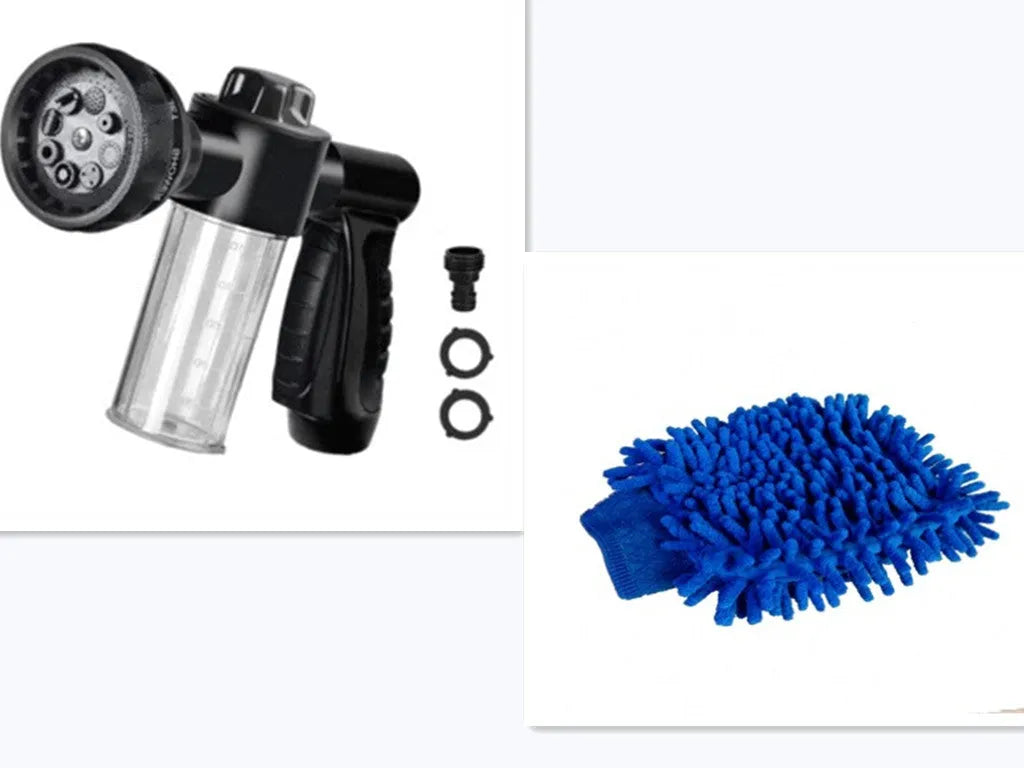 Green high pressure foam spray gun with adjustable nozzle for car washing and household cleaning.